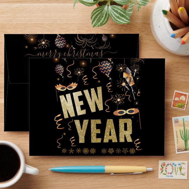 Happy New Year 2023, Holiday Gold Glitter Festive Envelope (Desk)