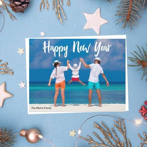 Happy New Year 2023 Modern White Script Over Photo Postcard