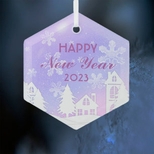 Happy New Year 2023 Purple White House Snow  Glass Ornament