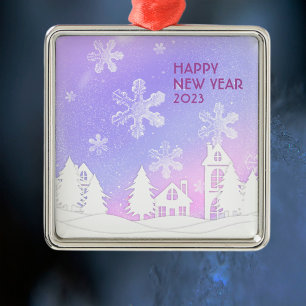 Happy New Year 2023 Purple White Snow House Metal Ornament