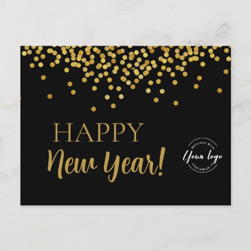 Happy New Year 2024 Black Gold confetti Business Holiday Postcard