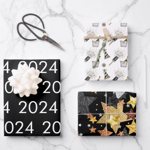 Happy New Year 2024 Black White Gold Confetti  Wrapping Paper Sheets