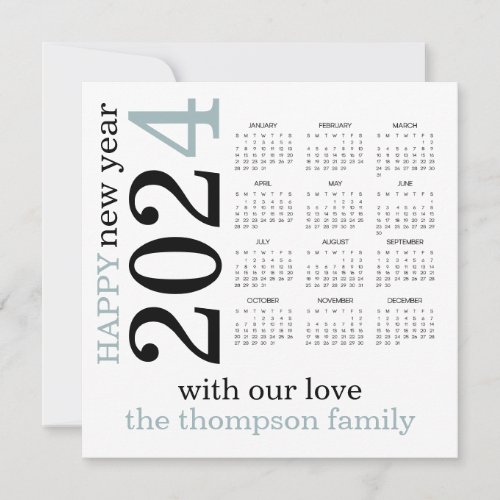 Happy New Year 2024 Blue White Calendar  Holiday Card