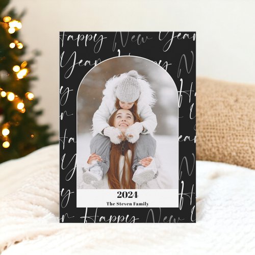 Happy New Year 2024 bold script 4 photos black Holiday Card