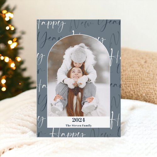 Happy New Year 2024 bold script 4 photos blue Holiday Card
