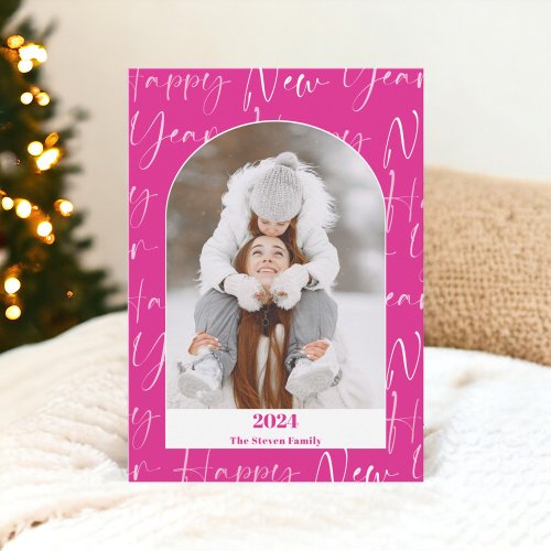 Happy New Year 2024 bold script 4 photos pink Holiday Card