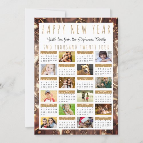 Happy New Year 2024 Calendar 12 Photos Gold Holiday Card