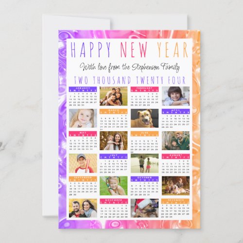 Happy New Year 2024 Calendar 12 Photos Multi_Color Holiday Card