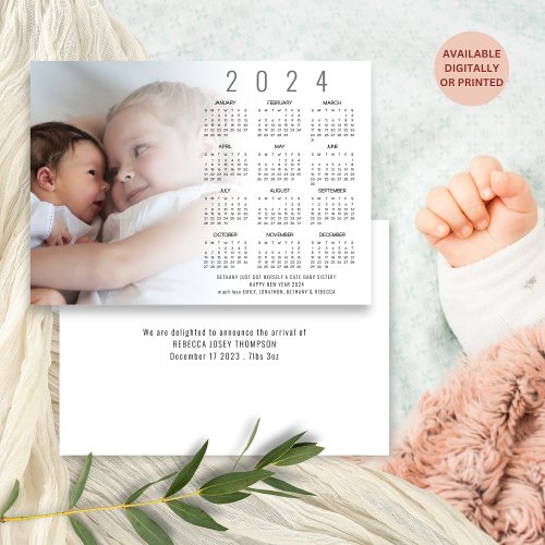 Happy New Year 2024 Calendar Photo Birth Announce  Holiday Card