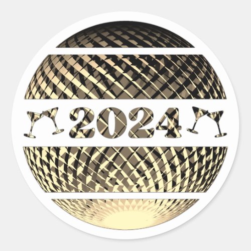 Happy new year 2024 celebration gold disco ball  classic round sticker