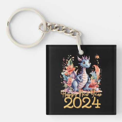 Happy New Year 2024 Chinese Dragon Water Color Keychain
