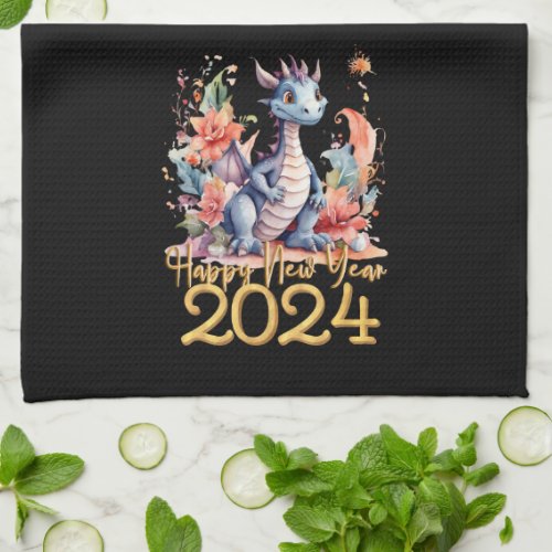 Happy New Year 2024 Chinese Dragon Water Color Kitchen Towel