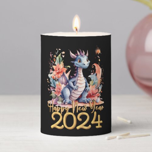 Happy New Year 2024 Chinese Dragon Water Color Pillar Candle