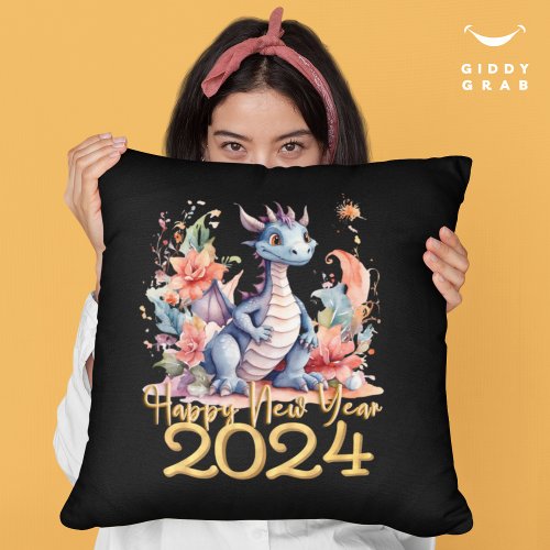 Happy New Year 2024 Chinese Dragon Water Color Throw Pillow