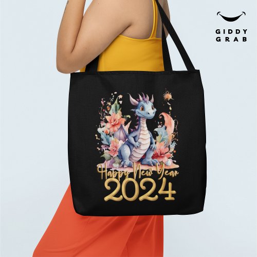 Happy New Year 2024 Chinese Dragon Water Color Tote Bag