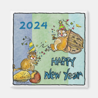Happy New Year 2024 Chipmunks Cartoon Magnet