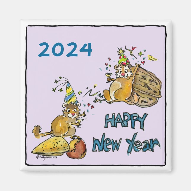 Happy New Year 2024 Chipmunks Cartoon Magnet (Front)