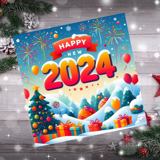 Happy New Year 2024 Christmas Tree Gifts Firework Holiday Card (Creator Uploaded)