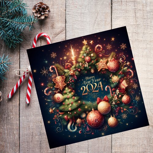 Happy New Year 2024 Christmas Tree Ornaments Stars Holiday Card