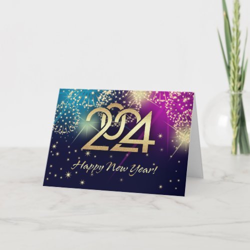 Happy New Year 2024 Colorful Fireworks  Holiday Card