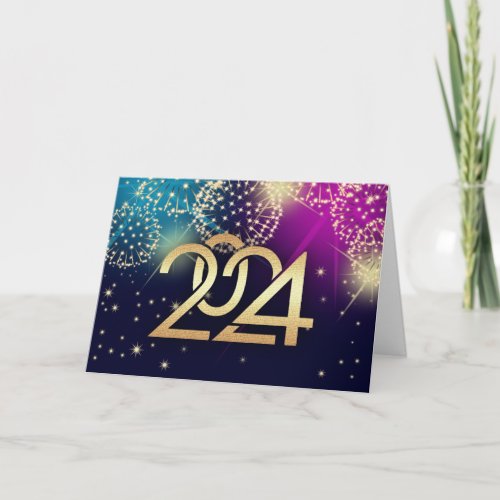 Happy New Year 2024 Colorful Fireworks  Holiday Card