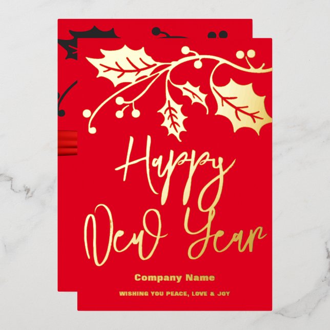 Happy New Year 2024 Company, Red Ribbon Foil Holiday Card (Front/Back)