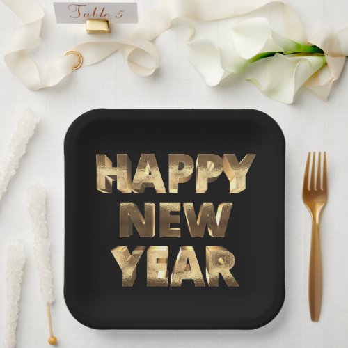 Happy New Year 2024 Elegant Black and Gold Paper Plates
