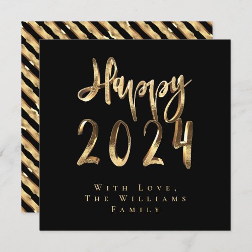 Happy New Year 2024 Elegant Black and Gold Script Holiday Card