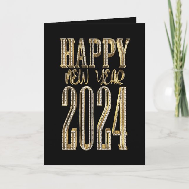 Happy New Year 2024 Elegant Gold Script Holiday Card (Front)