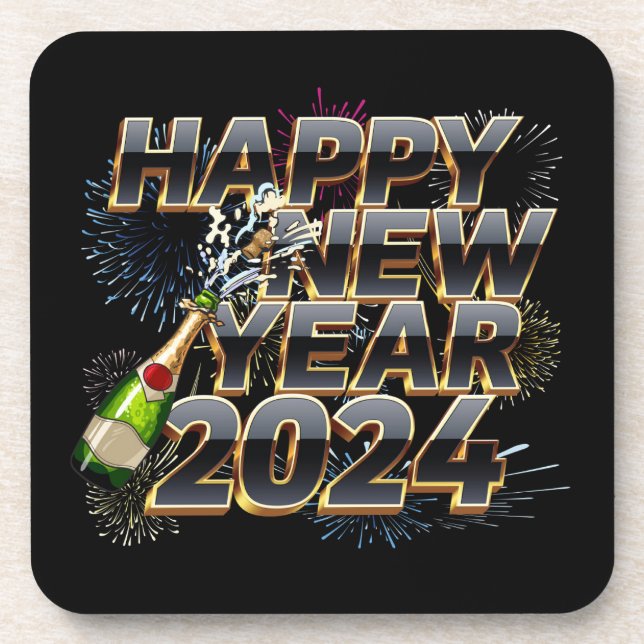 Happy New Year 2024 Elegant New Year's Eve Party Beverage Coaster (Front)