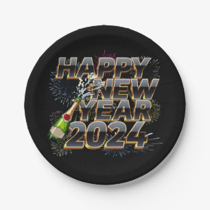 Happy New Year 2024 Elegant New Year's Eve Party Paper Plates