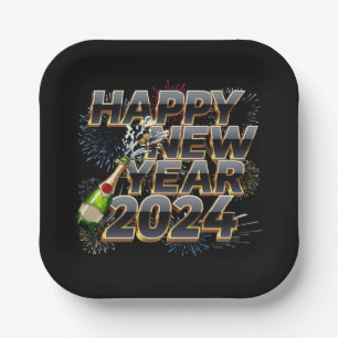 Happy New Year 2024 Elegant New Year's Eve Party Paper Plates