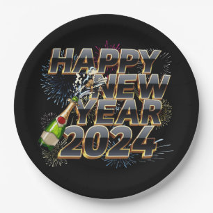Happy New Year 2024 Elegant New Year's Eve Party Paper Plates