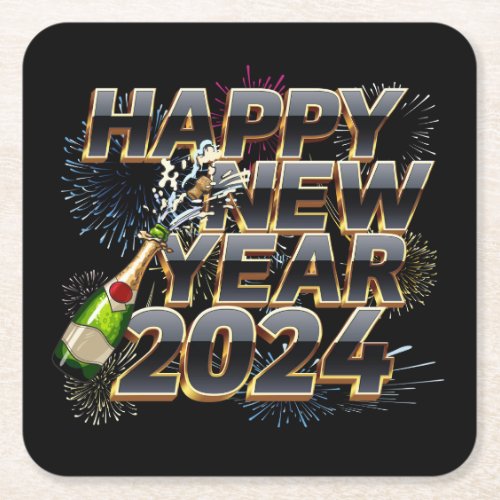 Happy New Year 2024 Elegant New Years Eve Party Square Paper Coaster