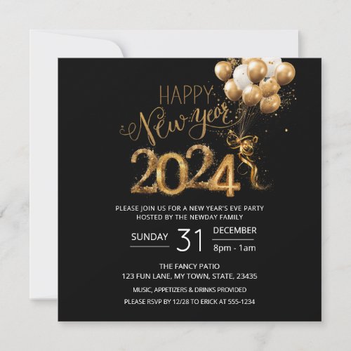 Happy New Year 2024 Eve Party Gold Black Balloons Invitation