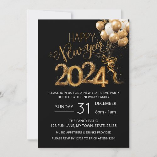 Happy New Year 2024 Eve Party Gold Black Balloons Invitation