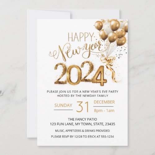 Happy New Year 2024 Eve Party Gold White Balloons Invitation