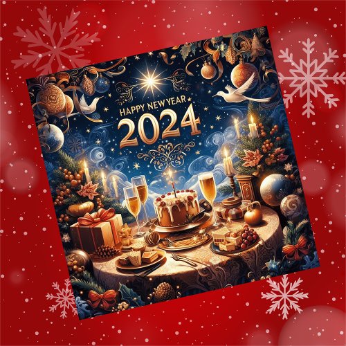 Happy New Year 2024 Feast Ornaments Gift Star Blue Holiday Card