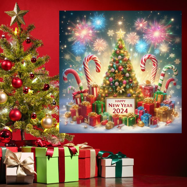  Happy New Year 2024 Firework Christmas Tree Red Holiday Card (Creator Uploaded)