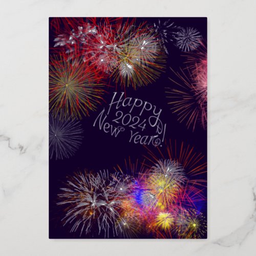 Happy new year 2024 fireworks and silver foil invitation