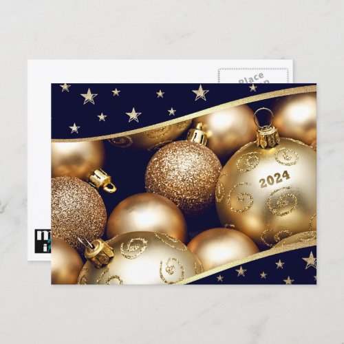 Happy New Year 2024 Gold Baubles Holiday Postcard