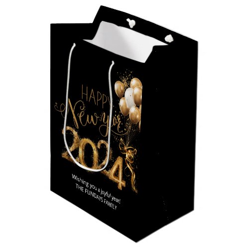 Happy New Year 2024 Gold Black Balloons Party Medium Gift Bag