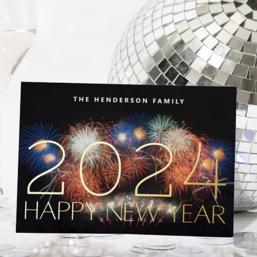 HAPPY NEW YEAR 2024 GOLD FIREWORKS PHOTO BACK FOIL HOLIDAY CARD