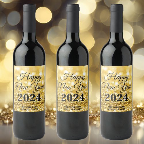 Happy New Year 2024 Gold Glitter Chic Custom Party Wine Label