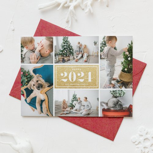 Happy New Year 2024 Gold Glitter Photo Collage Holiday Card