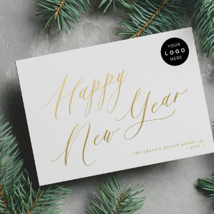 Happy New Year 2024 gold script business LOGO Holiday Card