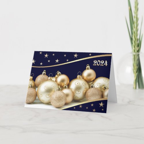 Happy New Year 2024 Gold Shiny Baubles Holiday Card