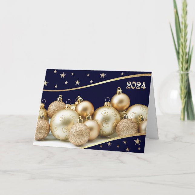 Happy New Year 2024 Gold Shiny Baubles Holiday Card (Front)