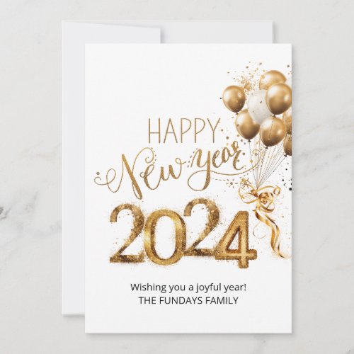 Happy New Year 2024 Gold White Balloons Greeting Holiday Card