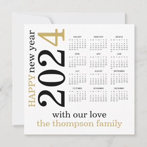 Happy New Year 2024 Gold White Calendar  Holiday Card